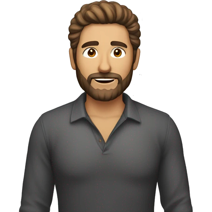 hombre de 40 años, piel clara, con barba, pelo castaño claro y ligeramente canoso. El corte de pelo es del tipo degradado emoji