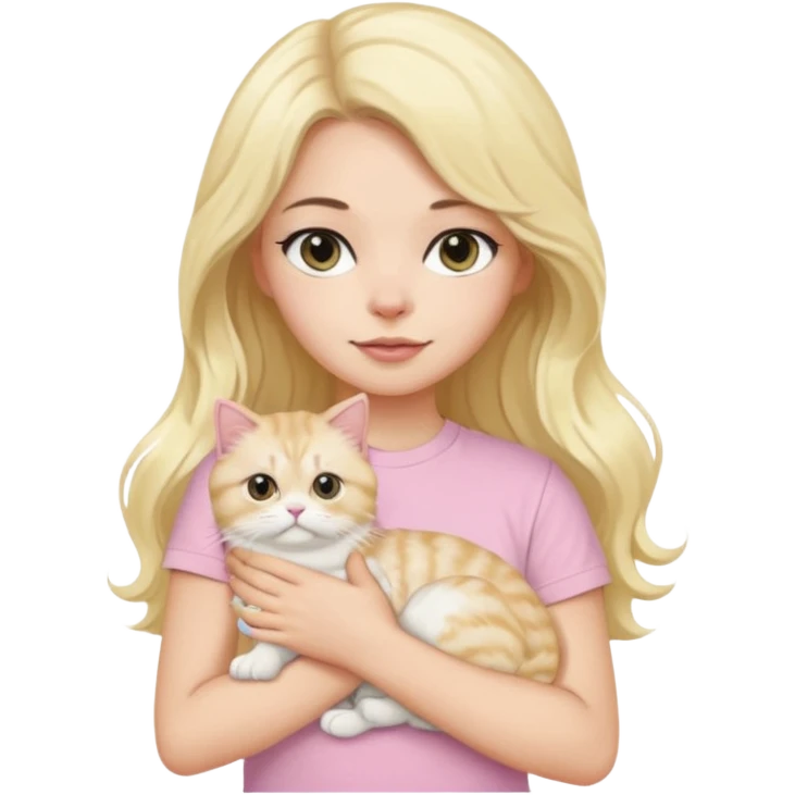 a black long wavy hair white girl using a baby pink t-shirt holding a blonde persian cat emoji