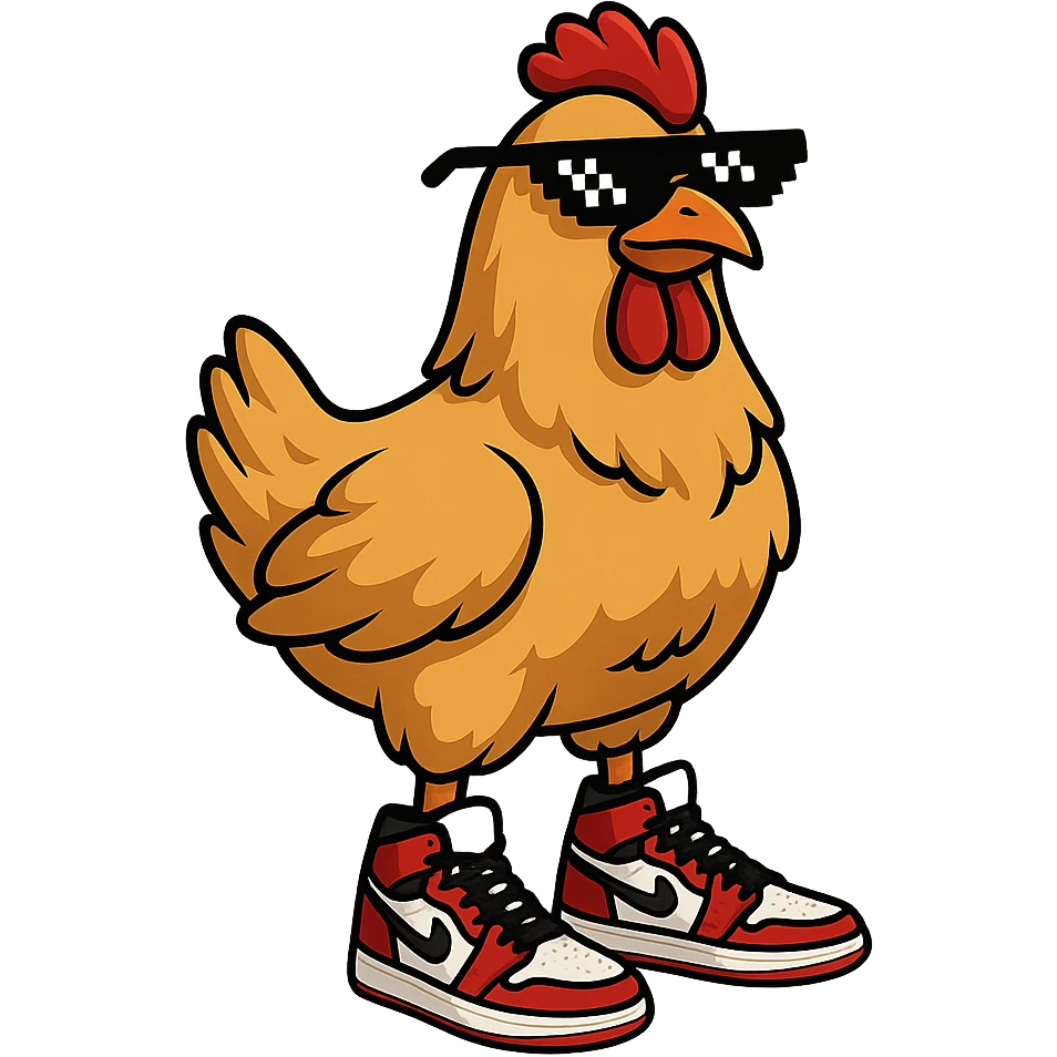 a chicken wearing Air Jordan 1 sneakers and 'deal with it' pixel sunglasses, cool and stylish, no background emoji
