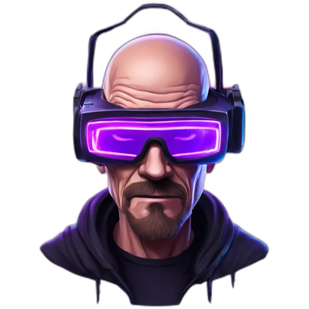 Walter White wearing a black hoodie with "OMG" letters on it and VR headset in a cyberpunk VR environment with violet neon lighting. emoji
