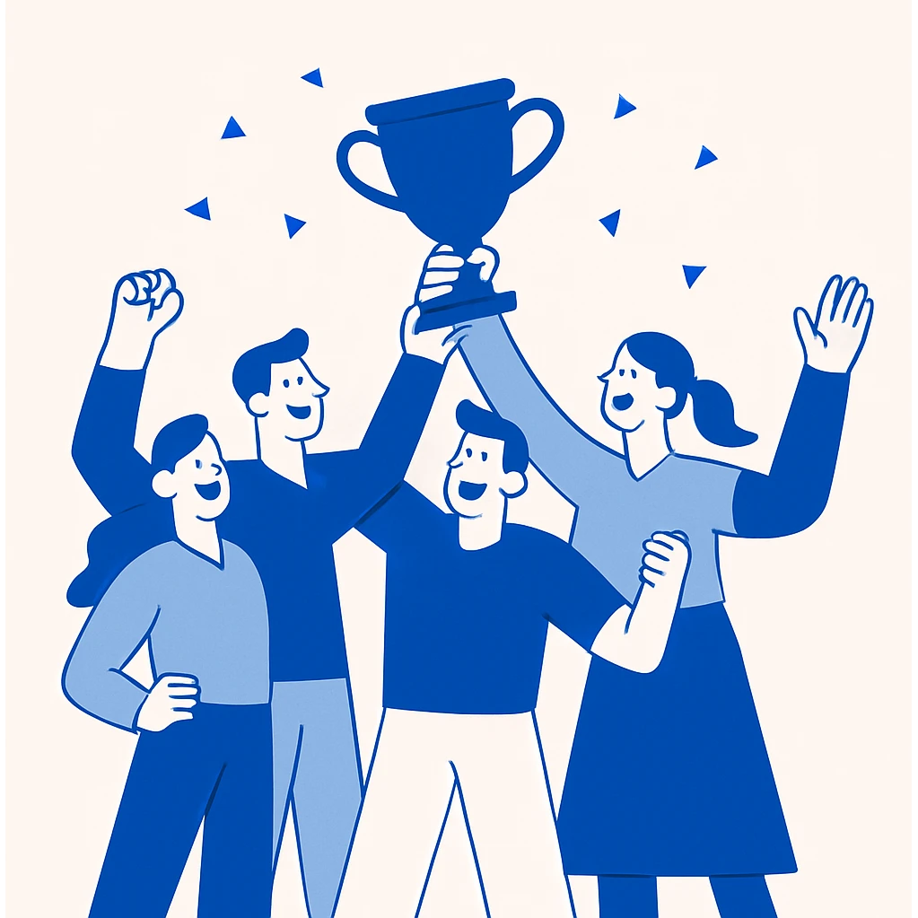 winning team holding a trophy, simple blue illustration, minimalist with bold flat blue colors and clean lines emoji