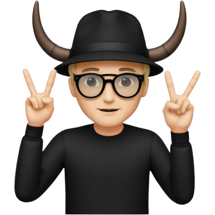 man dressed in black with dark glasses black Lens and a black hat making the horns gesture with both fingers hands emoji