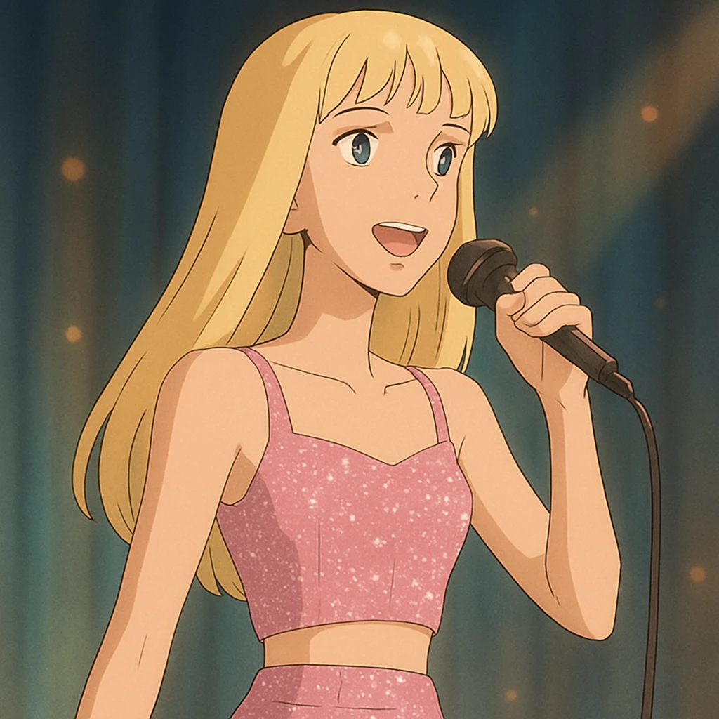 Pretty and thin tall Blonde pop star with bangs singing onstage, wearing a sparkly pink outfit   emoji