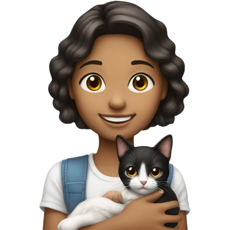 smiling girl holding a black and white kitty emoji