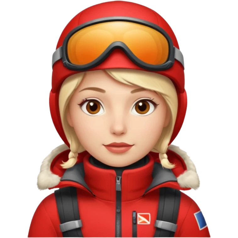 Luxury blonde model, brown eyes, polar explorer, red clothes, skiing outfit emoji