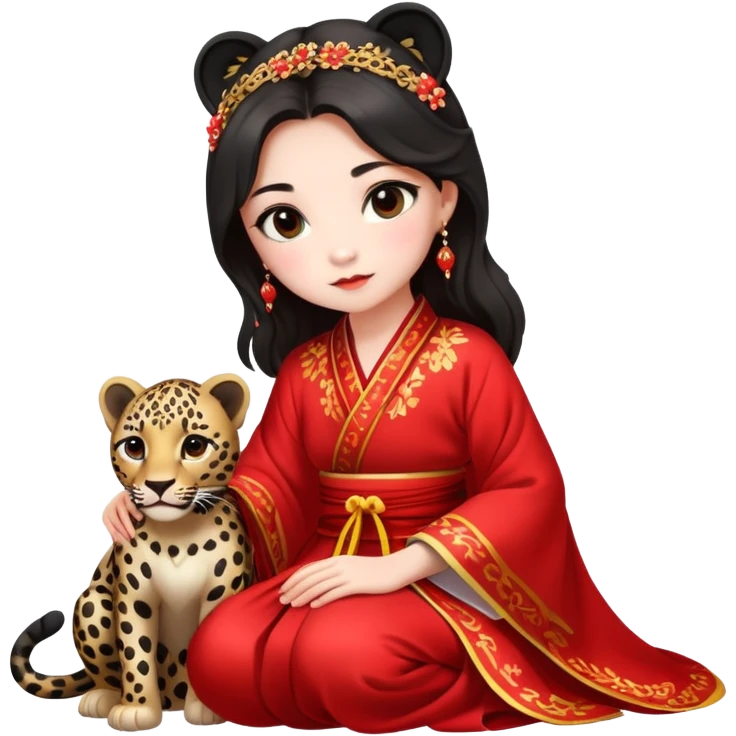 A beautiful girl in red Hanfu wedding dress sits on the ground holding a black leopard emoji