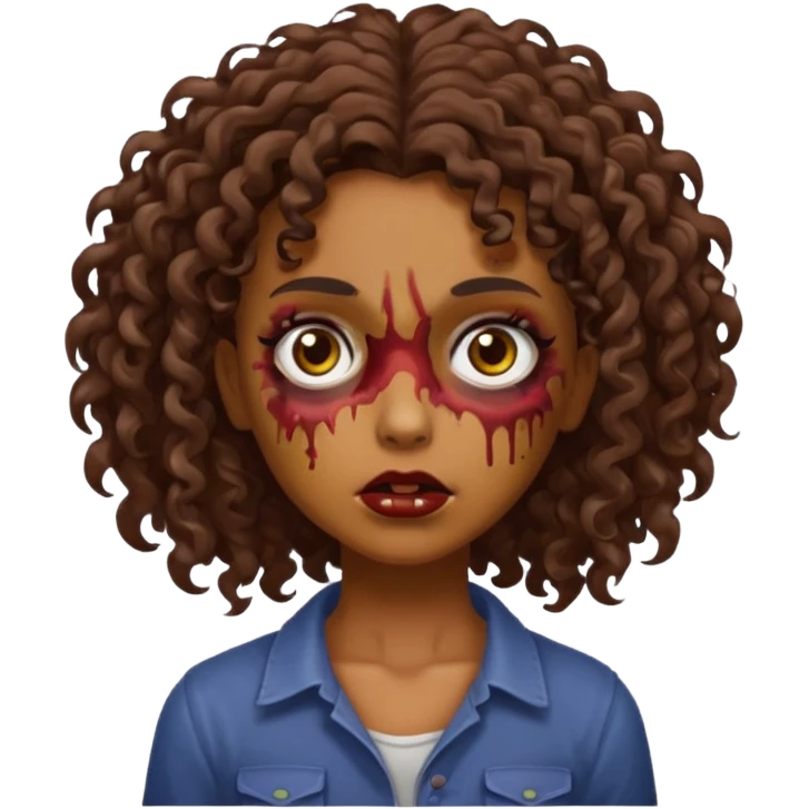 Faça uma garota zombie de cabelo cacheado castanho, olhos castanhos escuro e pele parda emoji