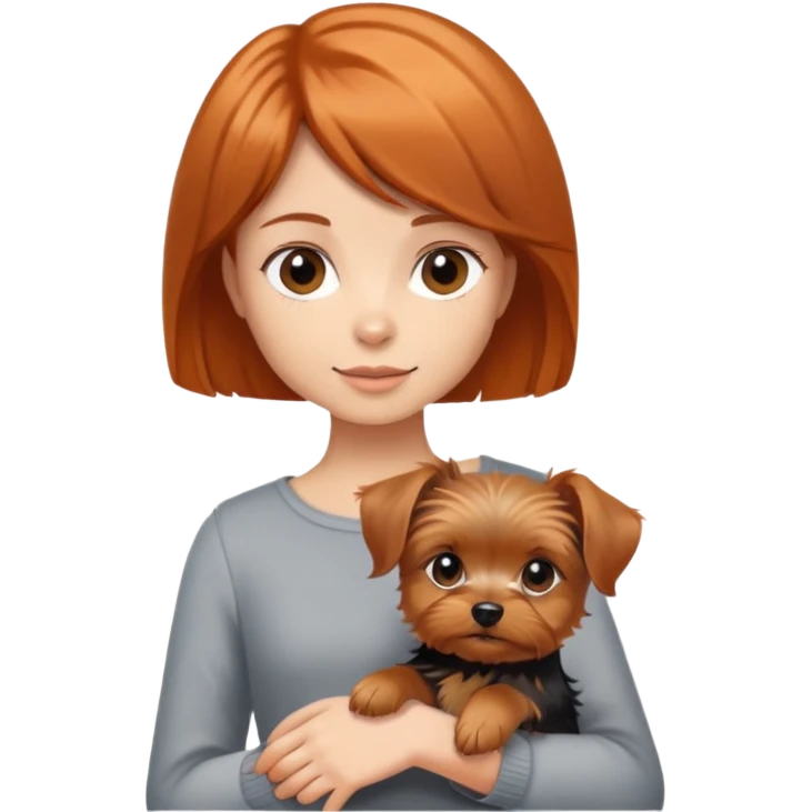 A girl with shoulder-length orange-brown hair holding a short-haired Yorkshire terrier. emoji