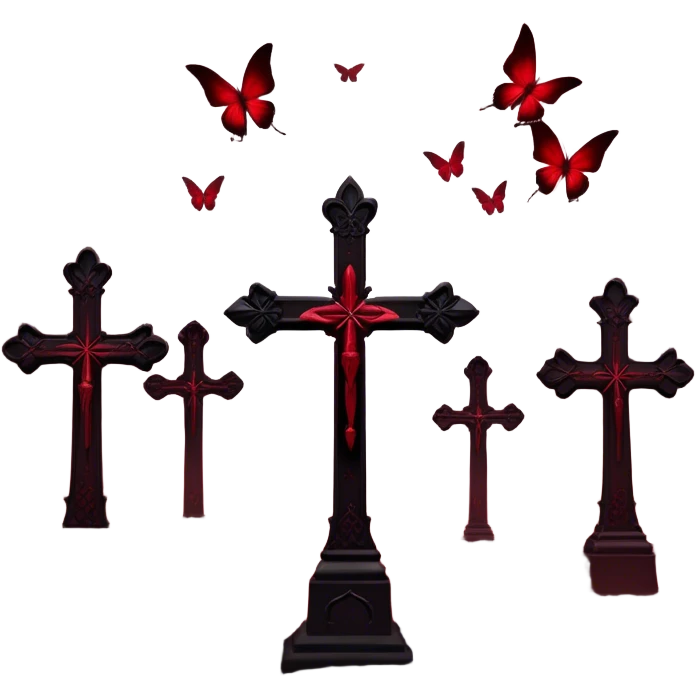 A hauntingly beautiful scene with Gothic crosses shrouded in deep red mist, as crimson butterflies flutter around them. The atmosphere is dark yet mesmerizing, with shades of red and black blending into an eerie glow.
 emoji