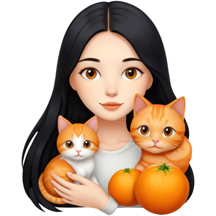 beautiful girl with flowing long black hair holding a cute orange ginger cat emoji