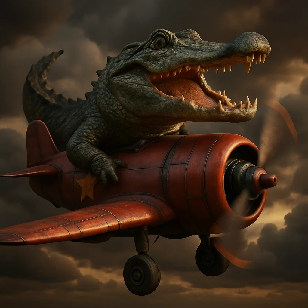 Make this crocodile bomber plane realistic with detailed textures, lifelike crocodile features, metallic bomber plane elements, dramatic lighting, and photorealistic style. emoji
