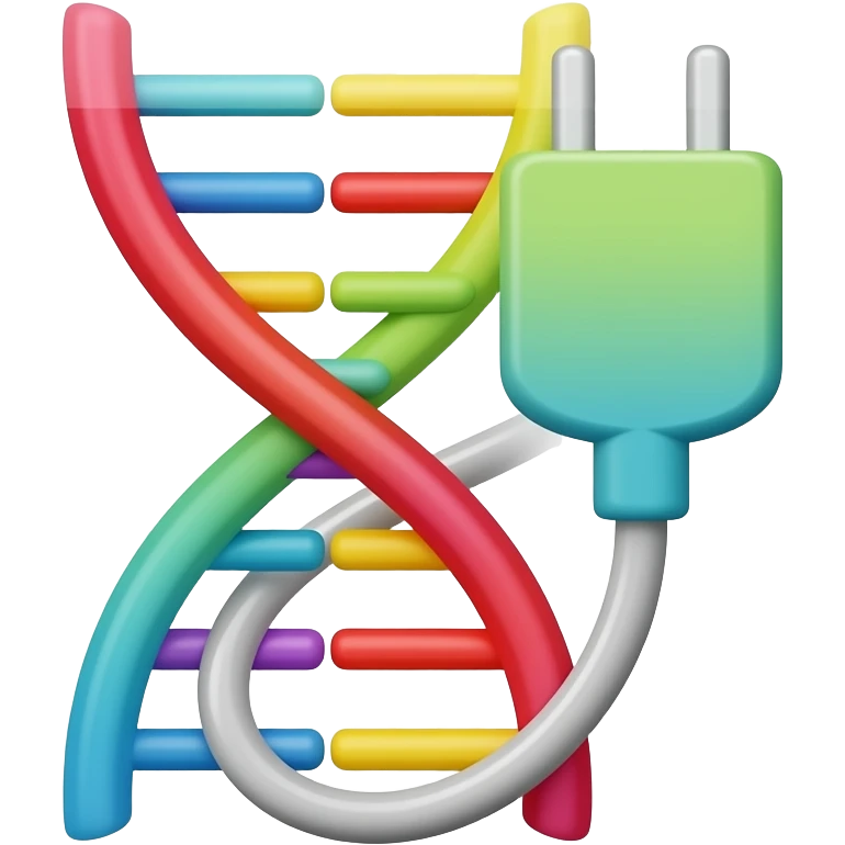 Flat emoji icon of a stylized DNA helix turning into a cable with a plug, bright colors, bold outline, minimal shading, transparent background, square, no text. emoji