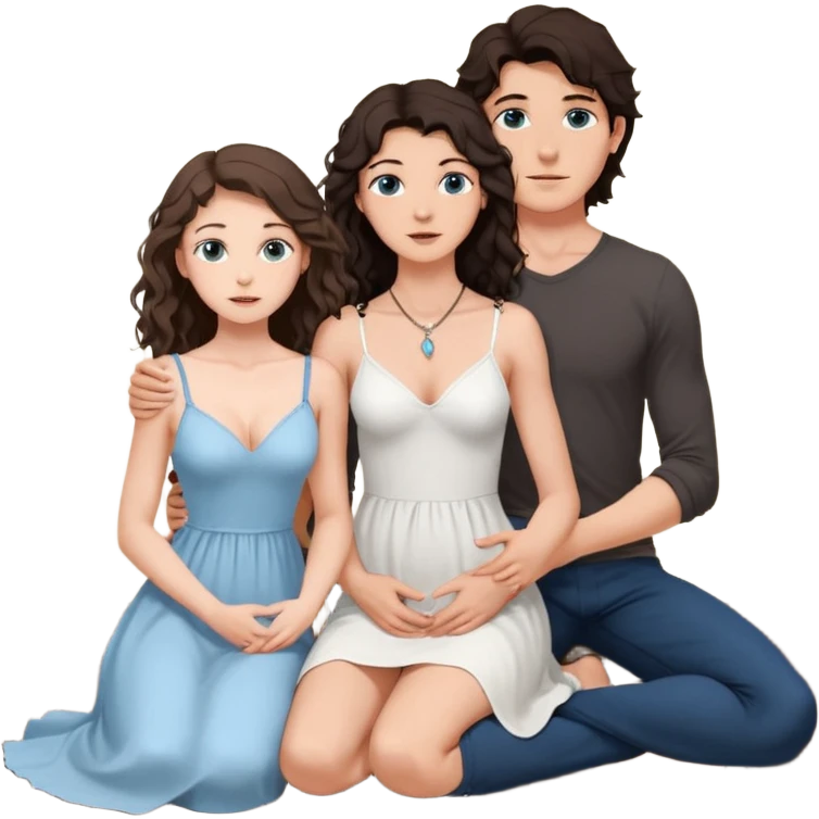 white girl, dark brown long slightly curly hair , skinni but with big breast , septum piercing on nose, beautiful dark gray-blue eyes, in white dress , boy dark brown eyes , light white skin , tall , skinny , light brown mid haircut ,  on his knee asking her to be hos wife emoji