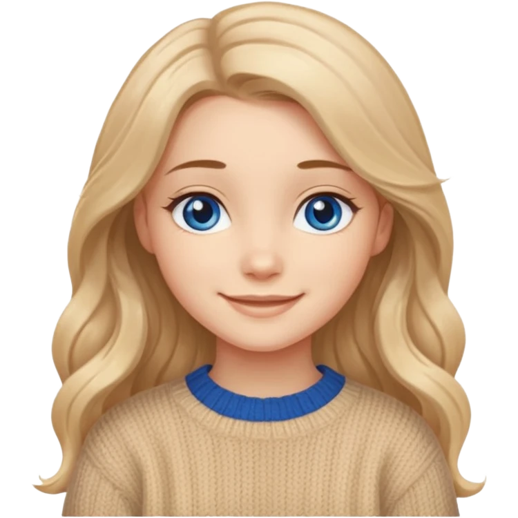 ЗГЕНЕРУЙ ДІВЧИНУ З СВІТЛИМ, ПШЕНИЧНИМ, ТРОХИ ХВИЛЯСТИМ ВОЛОССЯМ, ОДЯГНЕНУ У В'ЯЗАНИЙ ТІЛЕСНИЙ СВЕТР. В НЕЇ ГОЛУБІ ОЧІ ТА ДОВГЕ ВОЛОССЯ, ВОНА УСМІХНЕНА emoji
