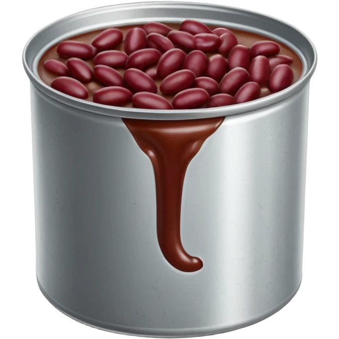 open metal can filled with glossy dark red kidney beans in thick slightly starchy liquid, beans plump smooth gently mounded in plain partially opened tin can, no label or extras, apple emoji style, soft lighting, subtle shadows, transparent background, emoji scale emoji