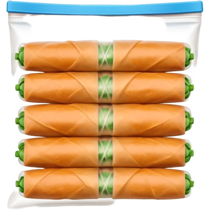 Thai spring rolls in a zipper bag, ready for the freezer
- the spring rolls should not be too orange, their colour should be like dough
- arrange them in two rows of five spring rolls inside the zipper bag emoji