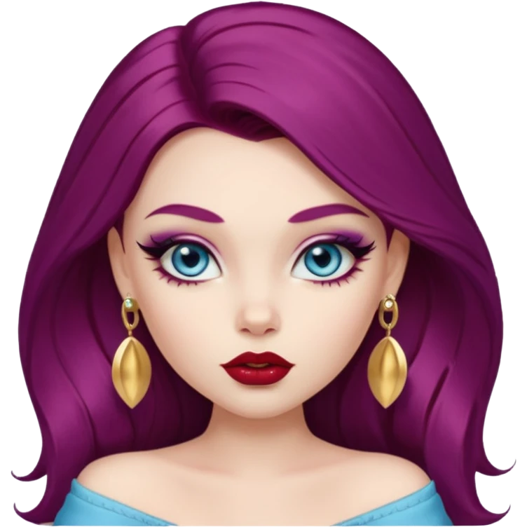 pale skin, girly bratz baddie, stunning baby blue eyes, professional makeup, long thick burgundy purple hair, plump red lips with a gold lip earring, who is an artist and content creator  emoji