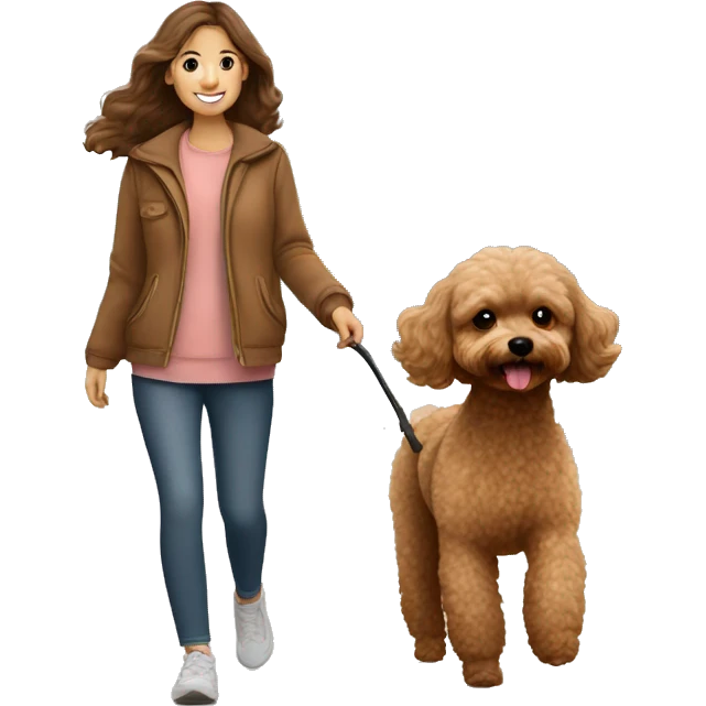 Brown Maltipoo dog walk with brunette girl emoji