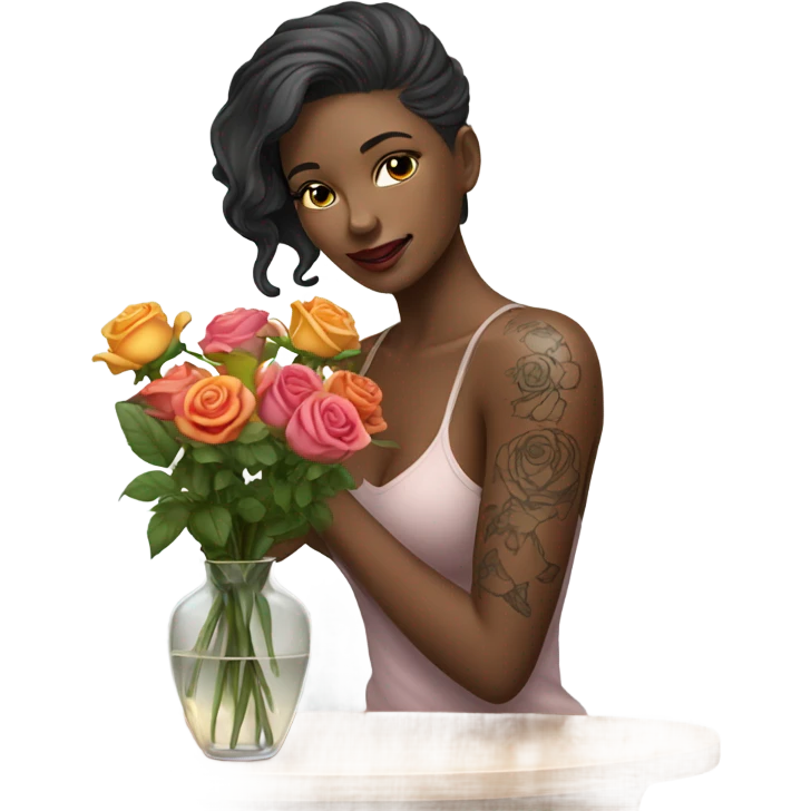 Hyper Realistic beautiful woman model with a small rose tattoo arranging flowers in a vase emoji