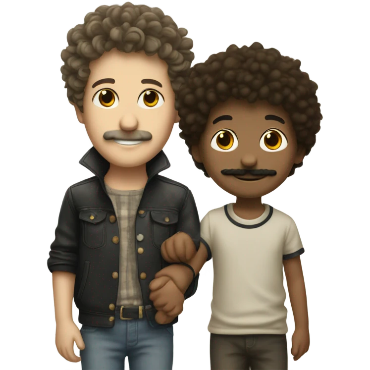 smiling boy with mustache indoors holding hands with Bob Dylan emoji
