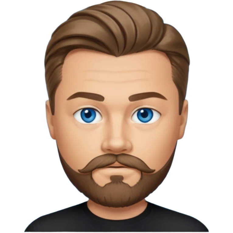 a good looking like leonardo di caprio blue eyes, beard, mustache, a black shirt, green eyes, hair tied to the back emoji