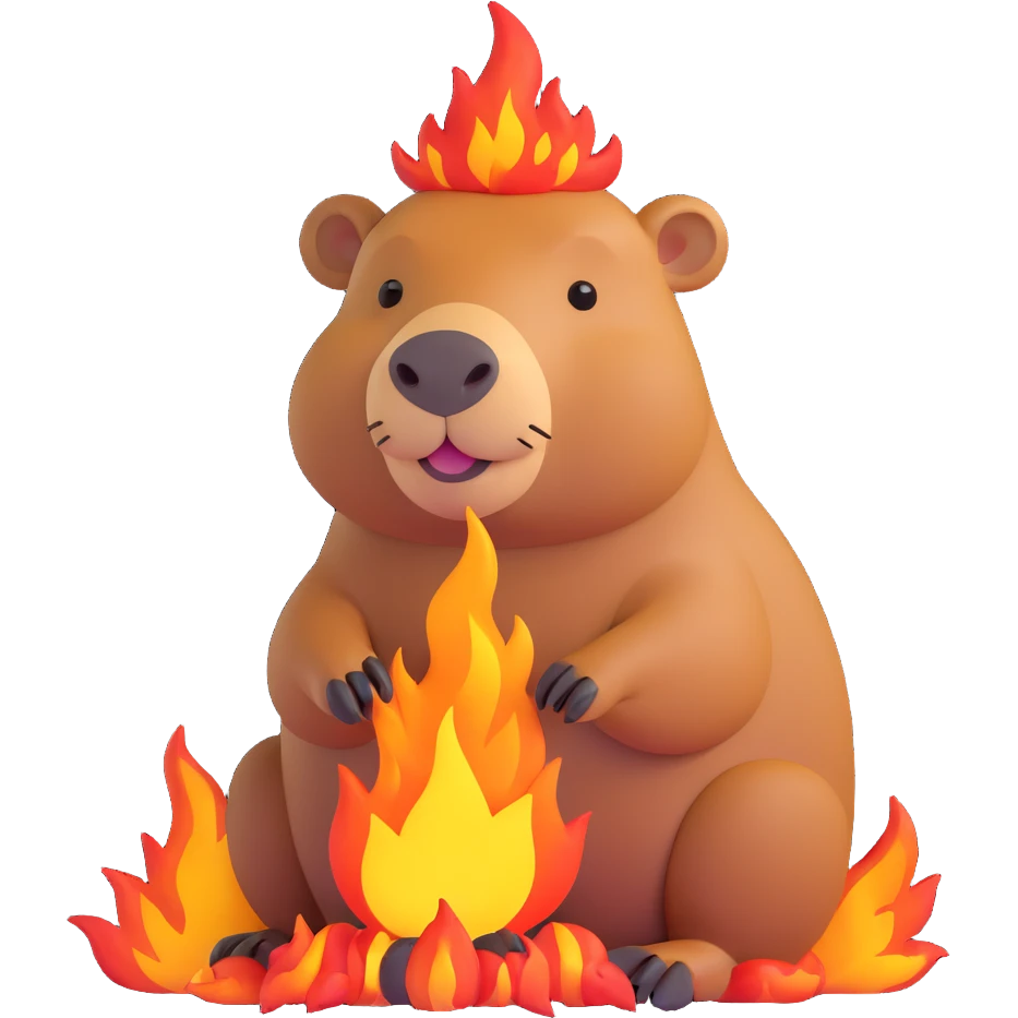 crying capybara, a fire around emoji
