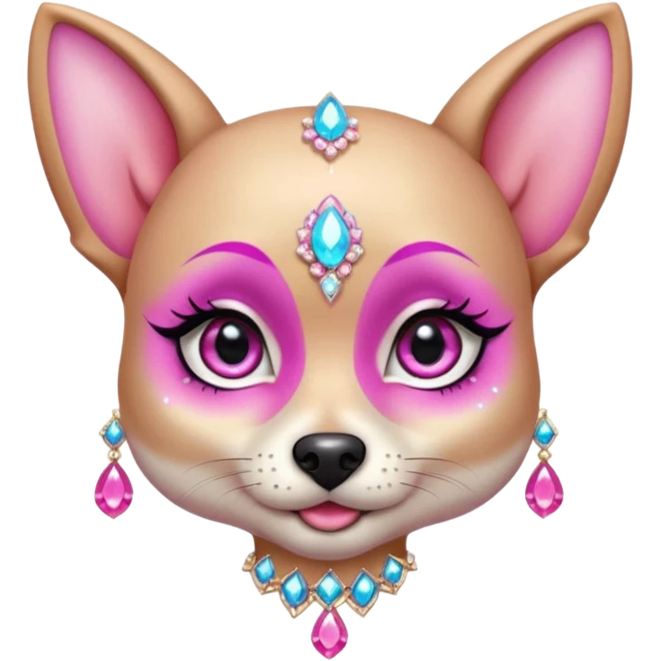 glamorous dog portrait, head and shoulders only, exaggerated pink makeup, bright eyeshadow, long eyelashes, shiny blush cheeks, sparkling face gems, glitter accents, elegant earrings, fantasy beauty style, cute 3D cartoon, mobile game icon style, clean background, no text, no watermark
 emoji