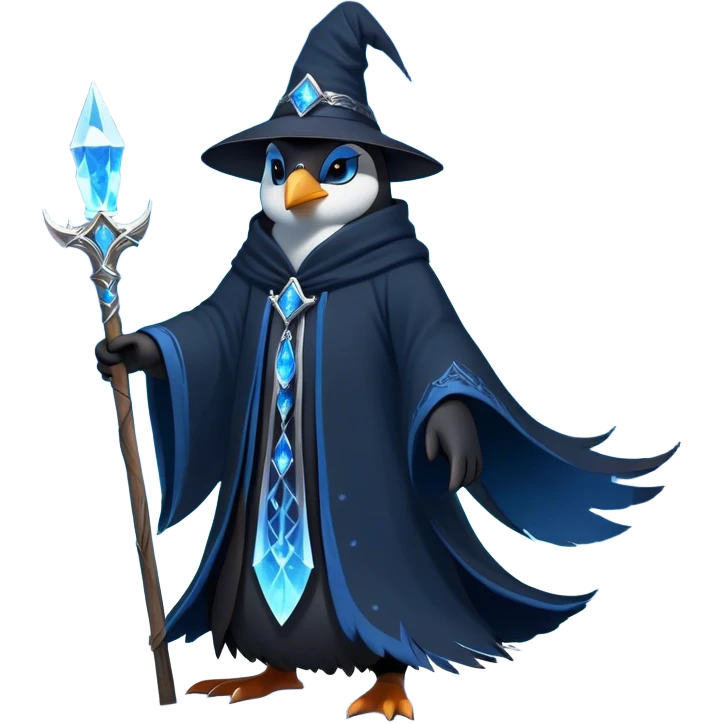 A mysterious penguin mage with sleek midnight-blue feathers, wearing a flowing black robe adorned with silver runes. A tall, pointed wizard hat sits slightly tilted on his head, the brim casting a shadow over his glowing icy-blue eyes. His flipper clutches an ancient wooden staff topped with a swirling crystal, radiating a soft, cold light. Snowflakes drift around him as he stands on a frozen cliff, his aura crackling with arcane energy, ready to summon a blizzard with a flick of his staff. emoji