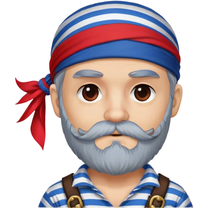 A cute pirate first mate, red bandana, eye patch, blue striped shirt, grey beard emoji