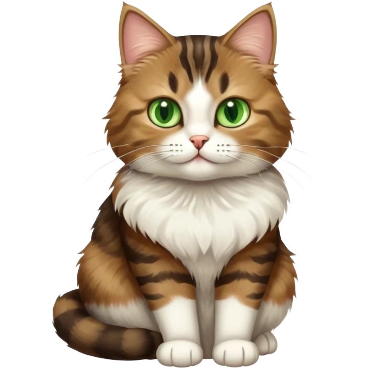 Brown, white, and black tabby cat with green eyes sitting to show its white belly, cute facial expression emoji