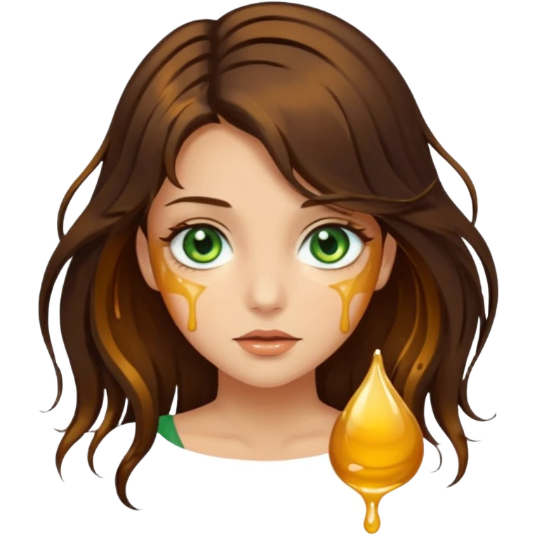 Pretty girl, with dark brown honey hair and green eyes and hair strands dripping honey emoji