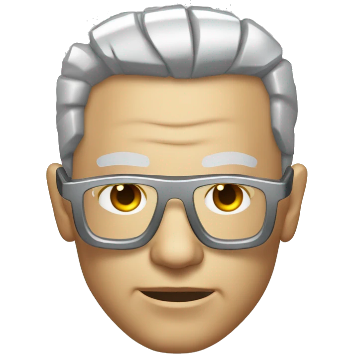 Older Male cyborg head with metallic plated face, brown flat top haircut, glasses and circuitry emoji