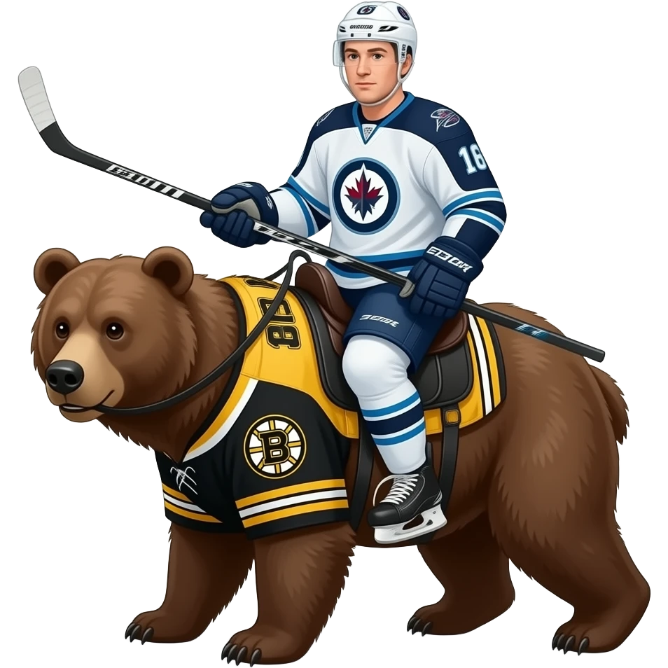 Winnipeg jets player riding on a bear wearing a Boston bruins jersey emoji