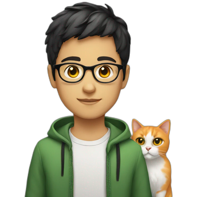 Boy green eyes, glasses, with black short hair, with orange Persian cat emoji