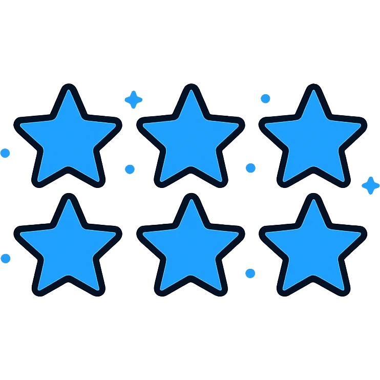 six blue stars with a subtle glow, lined up horizontally, 6-star customer experience badge, modern icon style emoji