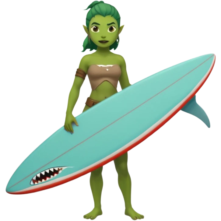 orc female holds a little surfboard with a shark painted vertically in his hands emoji