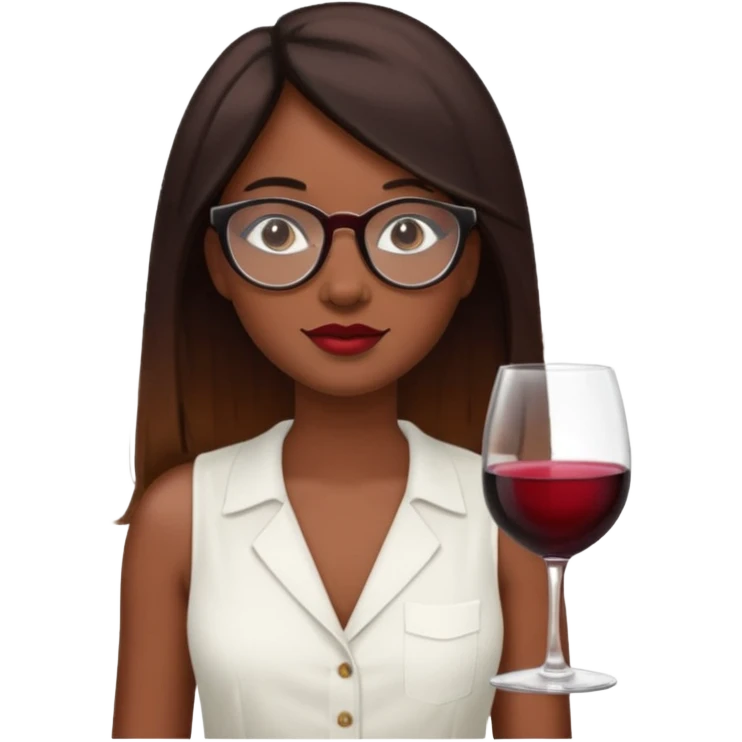 a woman with dark skin.
She has long, straight brown hair. with wine ombré hair 
He wears black-framed glasses. vintage oval.
She wears a white sleeveless blouse. emoji
