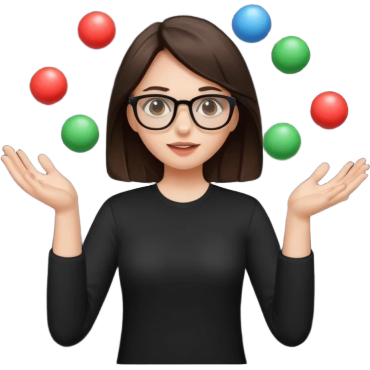 a brunette girl in a black shirt wearing glasses is  juggling  with two hands  emoji