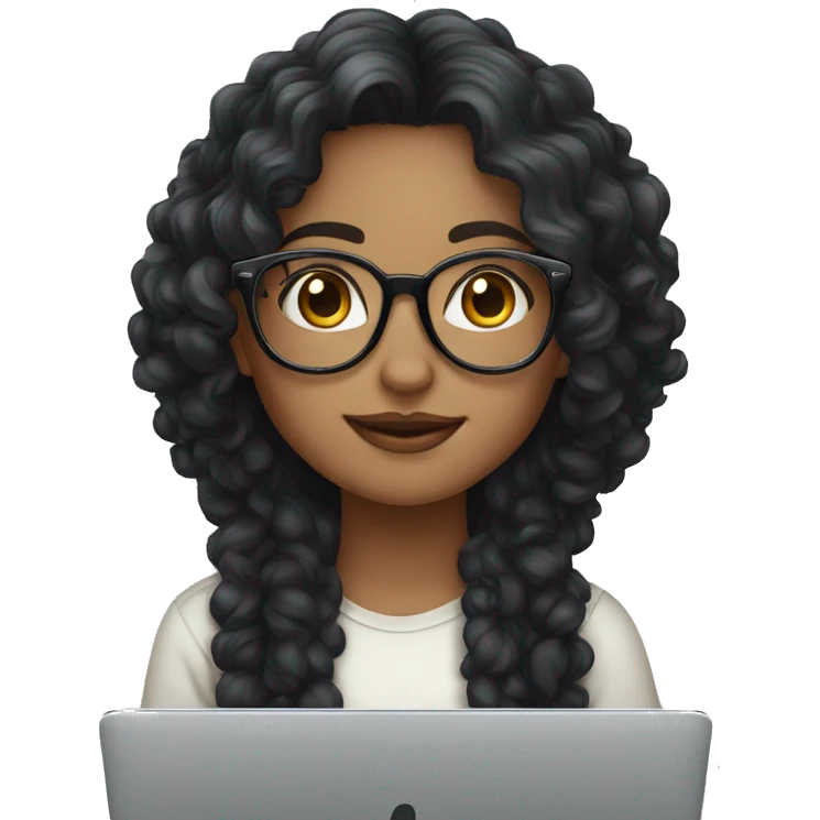 Cute white skin girl with long curly dark hair, glasses, and apple laptop emoji