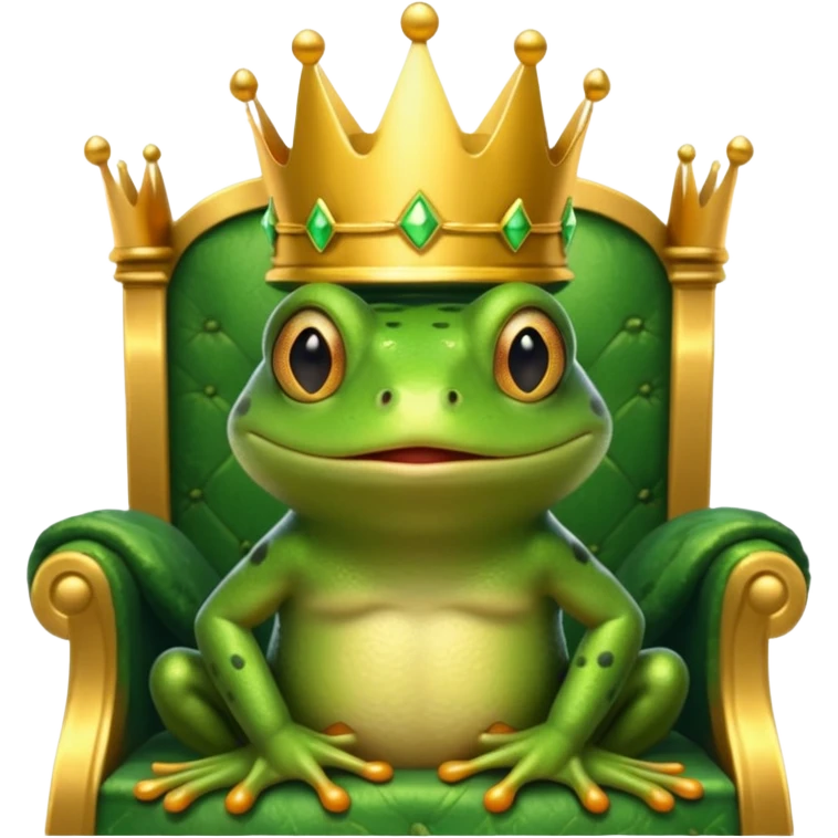 A frog wearing a crown, confidently sitting on a golden throne, portrait, bust up emoji