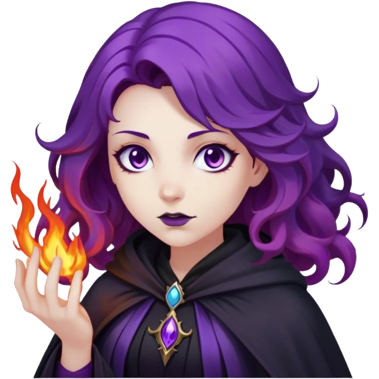 A dark sorceress with wavy purple hair, wearing a black cloak, summoning violet flames emoji