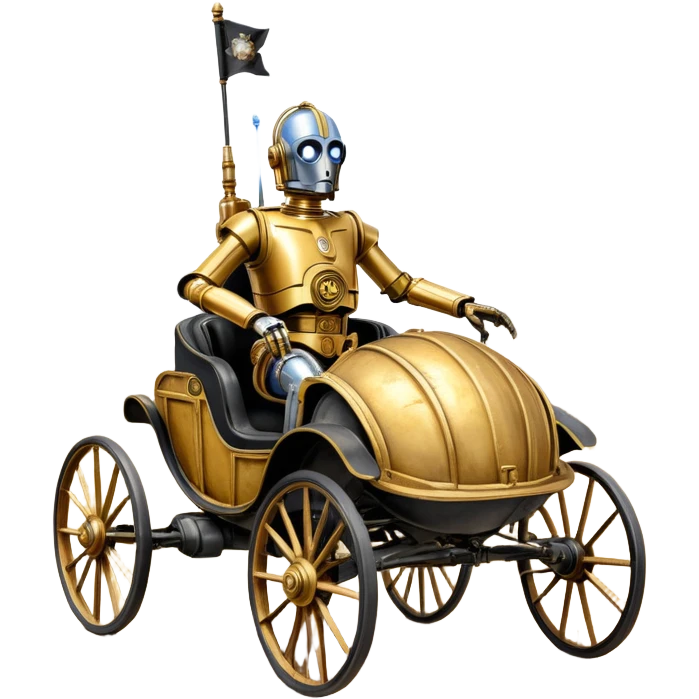 Action in Old American West tarnished C-3PO bounty policeman in 1864 delicately ornate rosegold accents painted buggy powered by electric motors and batteries with safety features and belts flying rapidly across rough dusty terrain stable on strong agile suspension and steering  emoji
