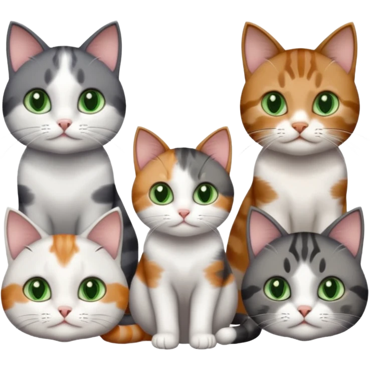 4 different coloured small cats including a dark grey and white, and a patchy calico, and a brown tabby and white,  and a completely solid dark grey with green eyes and only white paws emoji