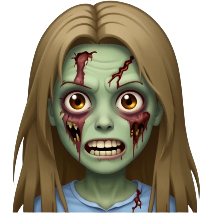 a zombie woman with straight brown long hair, a bruised mouth, and a smile  emoji