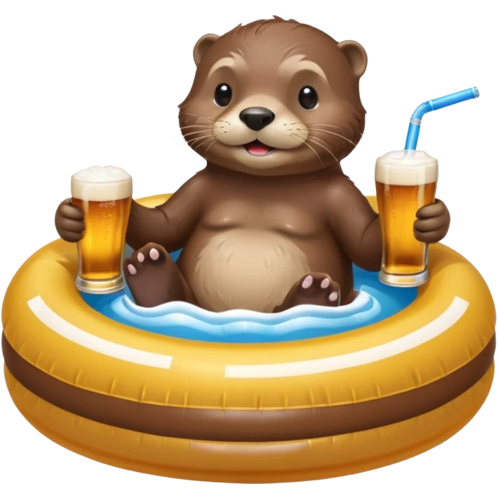 an otter sitting in an inflatable pool filled up with beer who is sipping directly from the pool made of beer with a little straw emoji