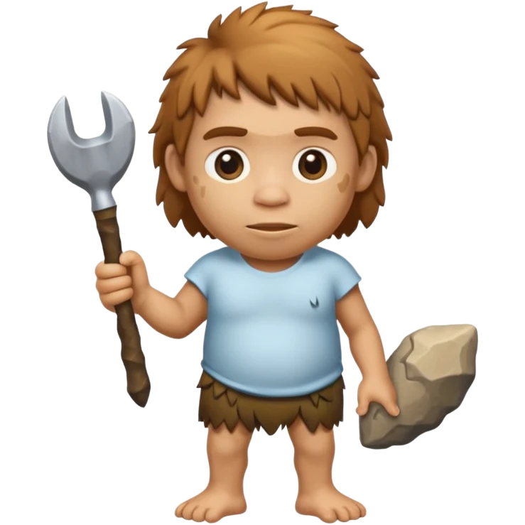 cartoon Neanderthal kid holding a stone tool emoji style emoji