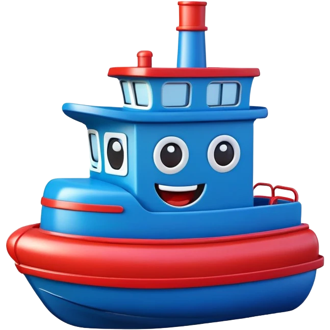 A colorful toy tugboat with a cute cheerful face and a red and blue body emoji