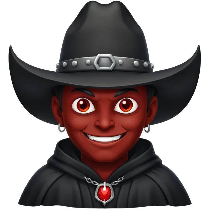 Devil with black robe and smirky smile and black cowboy hat emoji