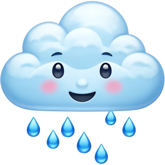 Cute emoji-style clouds with blue raindrops falling. Glossy 3D look, transparent background, vibrant colors. emoji