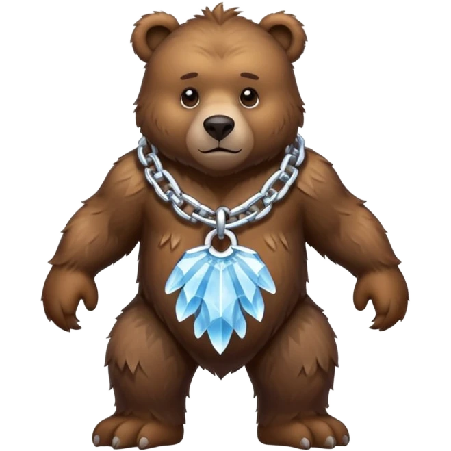 Fierce brown bear walking on four paws with an ice chain necklace, frozen chain links made of crystal clear ice, serious face emoji
